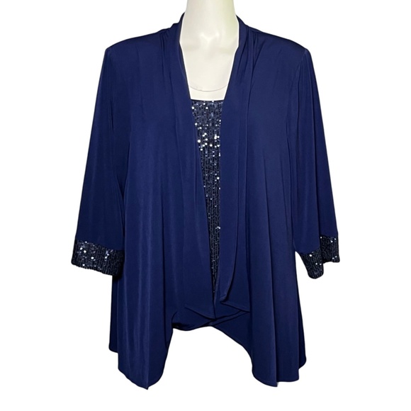 ALEX EVENINGS Size 1X Navy Blue Sequin Tank Top Cascade Jacket Dressy Twinset - Picture 3 of 11